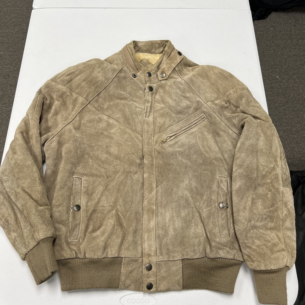 Windbreaker Suede Bomber Jacket Mens L Tan Faux Fur Lined Cafe Racer Vintage
